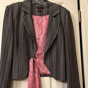 Vintage Women's Gray Striped Jacket with Pink Lining